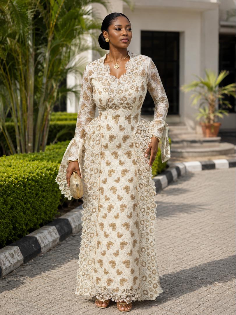 T&T Golden Bloom Luxe Lace Maxi Gown