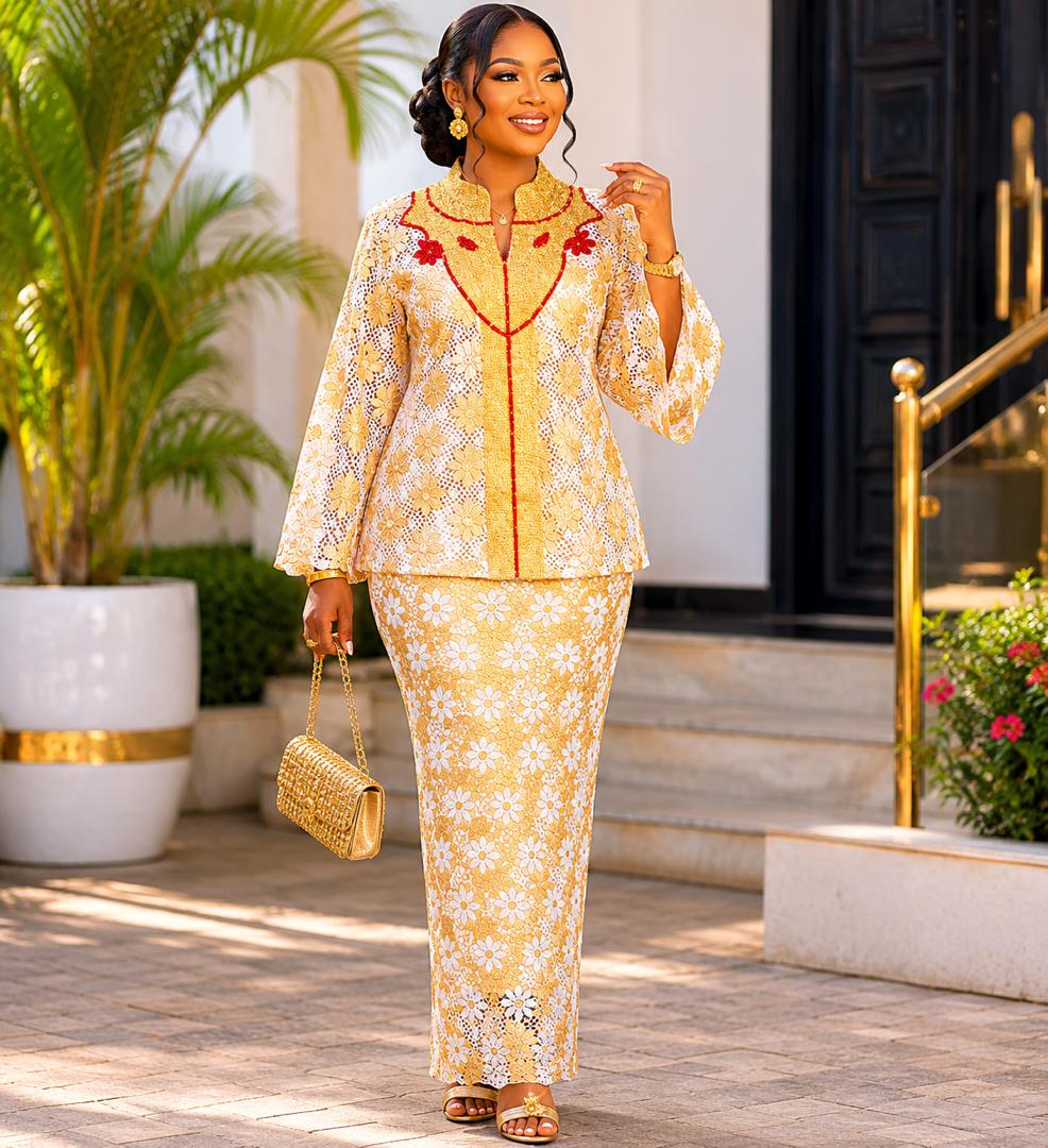 T&T Golden Blossom Beaded Blouse & Skirt Set