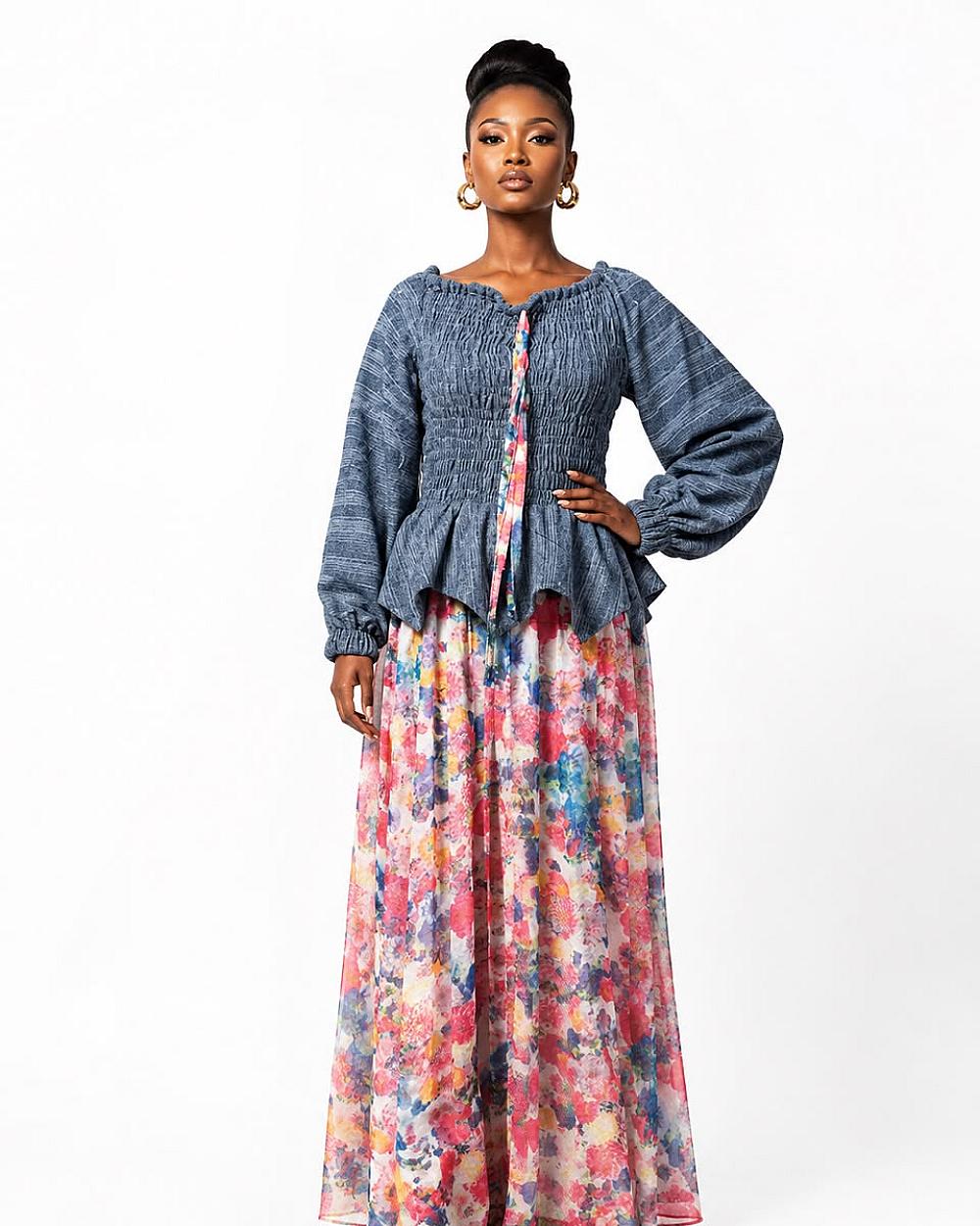 T&T  Smocked Peplum Top & Floral Maxi Skirt